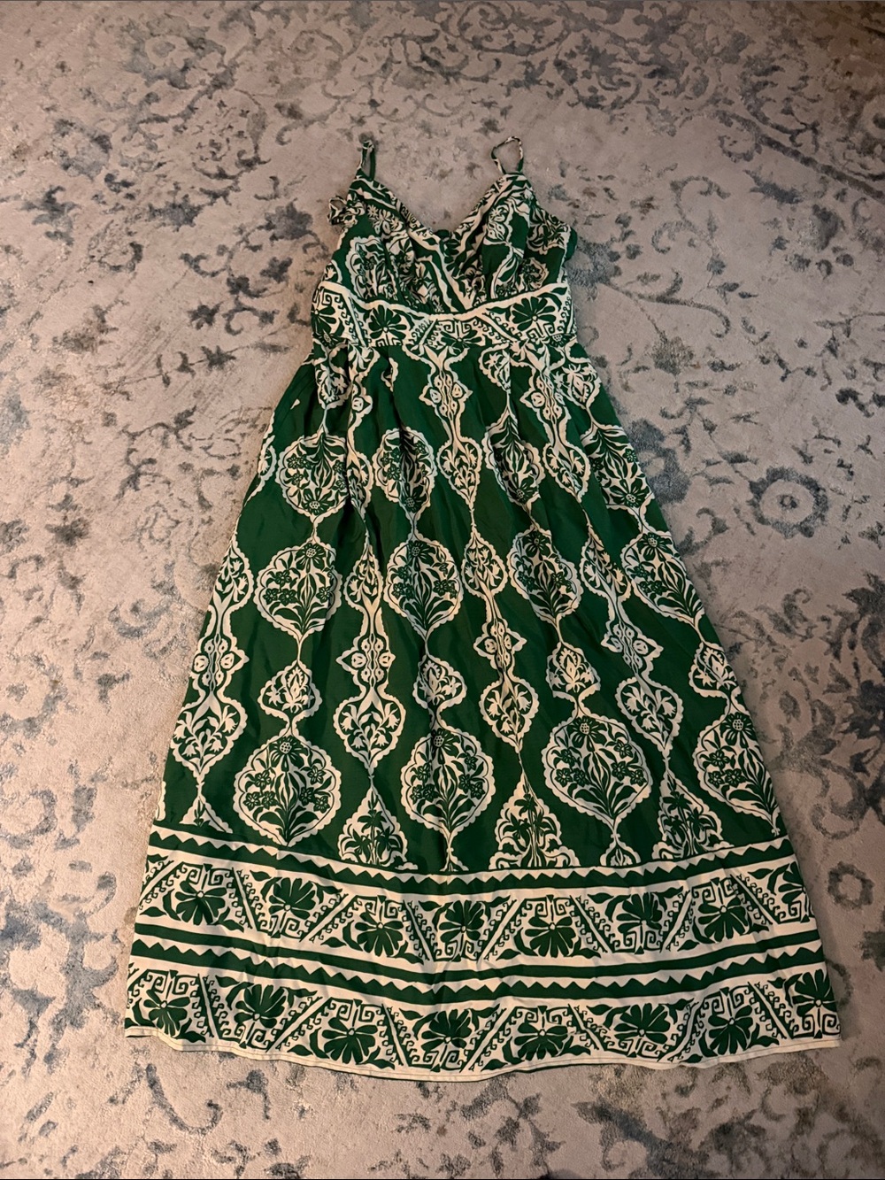 Baltic Born Green and White Printed Maxi Dress with V-Neck